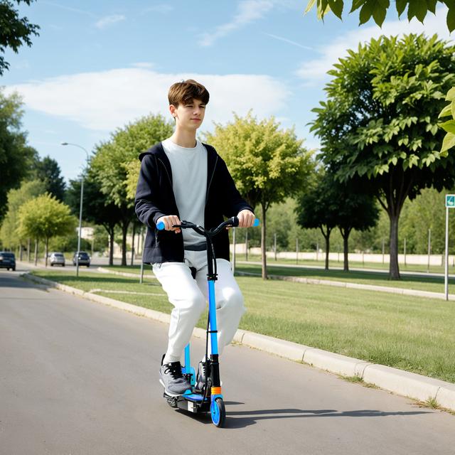 Soozier Foldable Electric Scooter for Kids Ages 6-14, with Seat and 2 Adjustable Heights, Max 6km Range & 12km/h, Blue | Aosom Canada