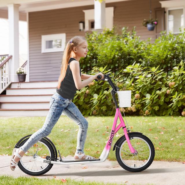 Aosom Kick Scooter for Kids Teens with Adjustable Handlebar Dual Brakes 16" Inflatable Rubber Tyres Outdoor Fun Pink | Aosom Canada