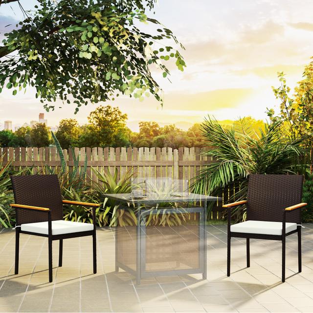 Outsunny Stackable Wicker Patio Chairs Set of 2 with Removable Cushion, Armrest for Garden, Porch, Yard, Cream White | Aosom Canada