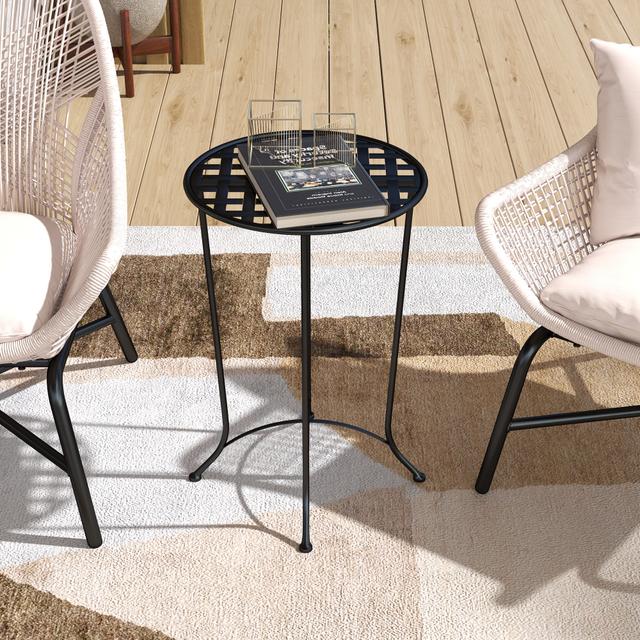 Outsunny 16" Round Outdoor Table, Small Patio Side Table, Metal End Table Plant Stand with Grid Top for Indoor, Garden, Black | Aosom Canada