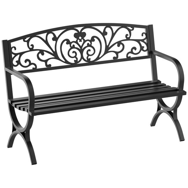 Outsunny 50" Cast Iron Garden Bench 2-Seater Patio Porch Chair Outdoor Loveseat Yard Lawn Decor Black | Aosom Canada