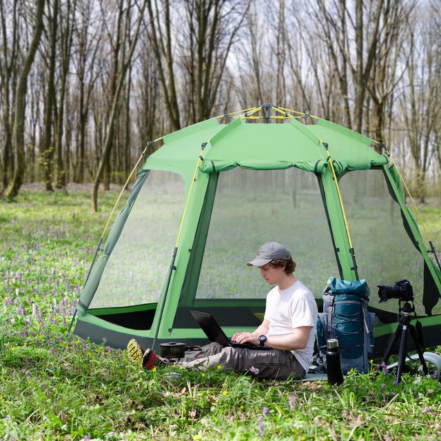 Outsunny Pop Up Camping Tent for 6 People 2-Tier Fabric Backpacking Shelter with 4 Ventilation Windows 2 Doors Green | Aosom Canada