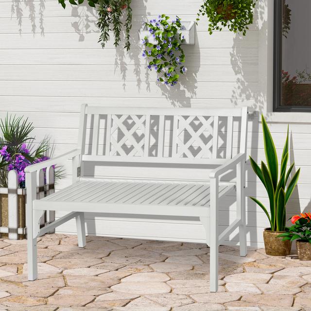 Outsunny Foldable Garden Bench, 2-Seater Patio Wooden Bench, Loveseat Chair with Backrest and Armrest, White | Aosom Canada