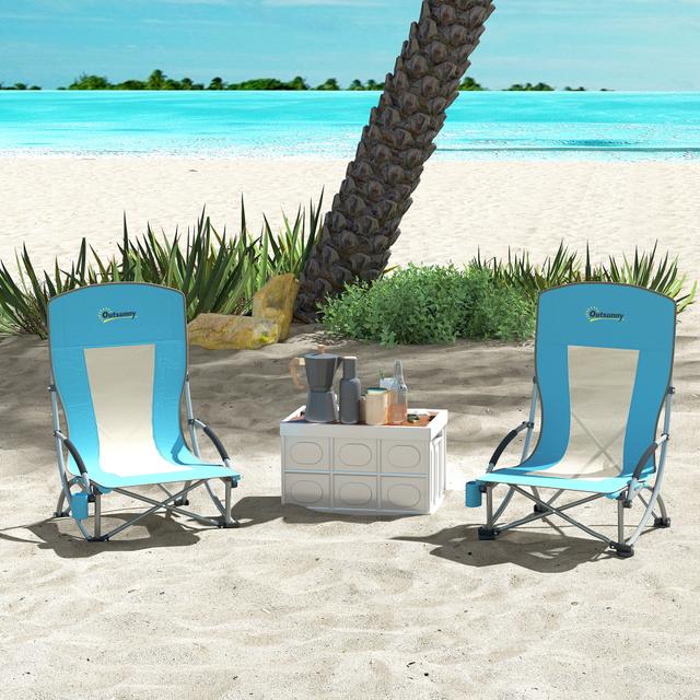 Outsunny Set of 2 Folding Beach Chairs with Mesh Back, Carry Bag and Cup Holder for Outdoor Camping Lawn, 27.6" x 22.8" x 31.1" | Aosom Canada