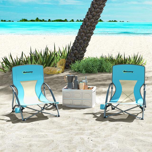 Outsunny Set of 2 Folding Beach Chairs with Mesh Back, Carry Bag and Cup Holder for Outdoor Camping Lawn, 22.8" x 21.7" x 24.4" | Aosom Canada