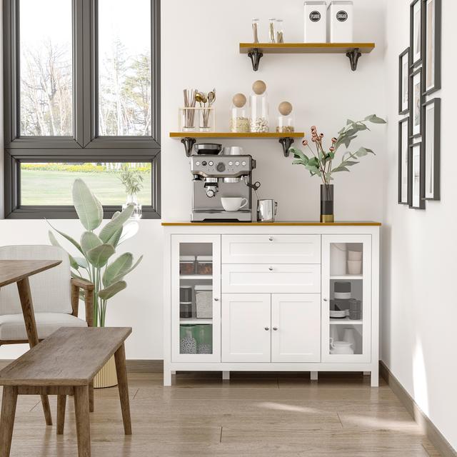 HOMCOM Oak and White Buffet Cabinet: Modern Sideboard with Glass Door Storage Cupboard and Adjustable Shelves for Kitchen, Living Room | Aosom Canada