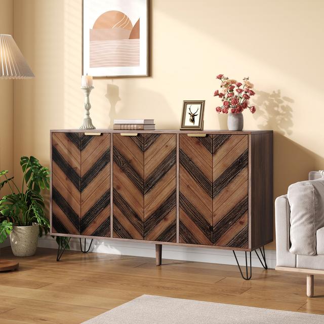 Unique Three-Door Sideboard with Adjustable Shelves, Sturdy and Stable Construction, Easy to assemble, 47" L x 14" W x 29.5" H, Natural | Aosom Canada