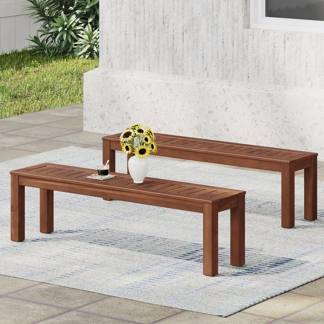 Rustic Acacia Wood Bench Set of 2 with Slat Panel Design, Rustic Style with Earthy Textures, 62" L x 14.5" W x 18" H, Dark Brown | Aosom Canada