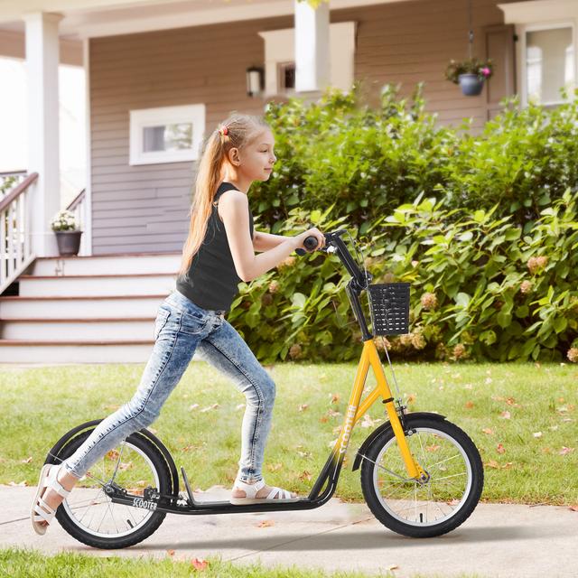 Aosom Kick Scooter with Adjustable Handlebar, Kids Scooter with 2 Brakes Basket Cupholder 16" Inflatable Rubber Tyres Orange | Aosom Canada
