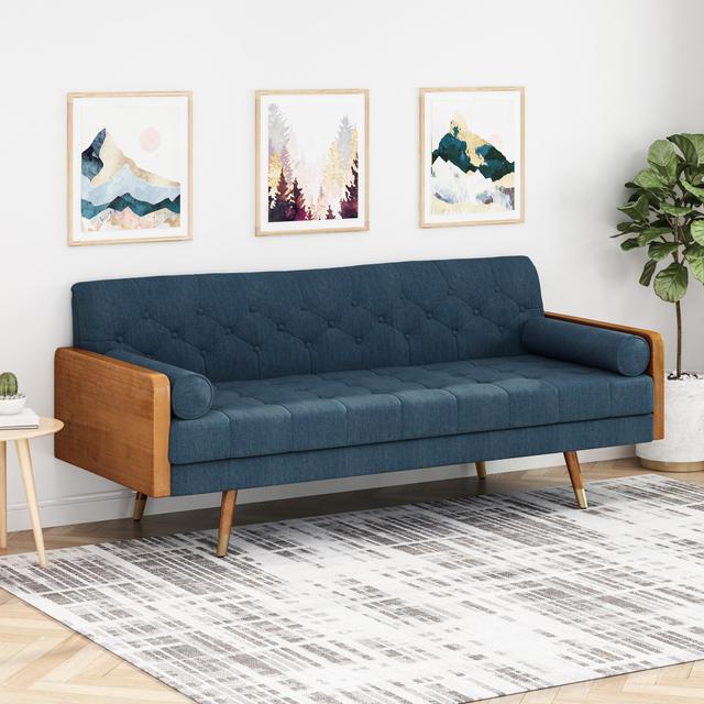 Mid-Century Modern Tufted Fabric Sofa with Rolled Accent Pillows, Daybed with Rubberwood Legs, 72'' L x 30.5'' W x 32'' H, Navy Blue | Aosom Canada