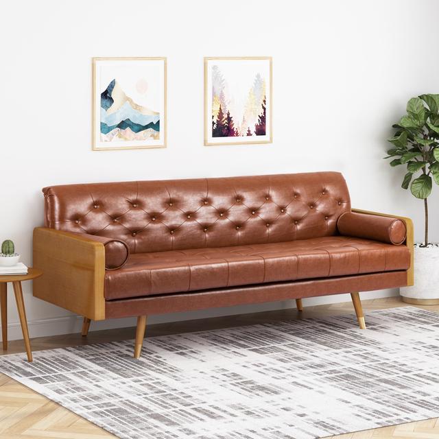 Adelaide Mid-Century Tufted Sofa with Rolled Accent Pillows, Daybed with Gold Rubberwood Legs, 72'' L x 30.5'' W x 32'' H, Light Brown | Aosom Canada