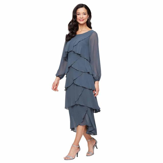 Womens SLNY Long Sleeve Tier Beaded Trim Midi Dress