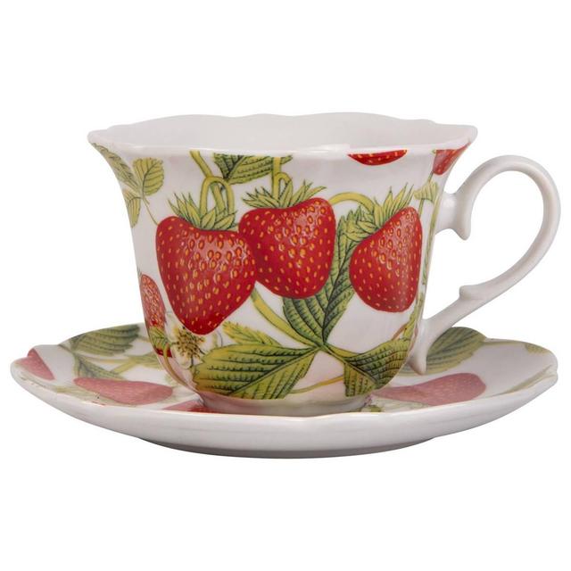Home Essentials 8oz. Strawberry Chintz Teacup & Saucer