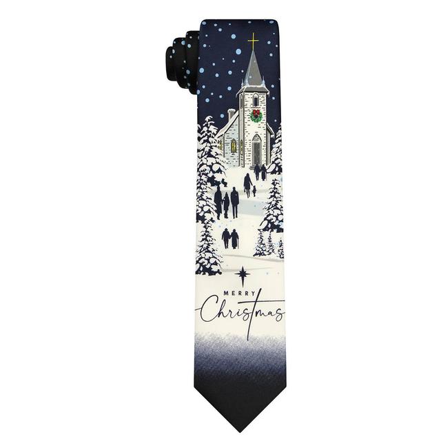 Mens Holiday Traditions Snowy Church Merry Christmas Tie