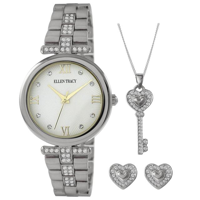 Ellen Tracy Silver Tone Watch Key Pendant & Earrings Set