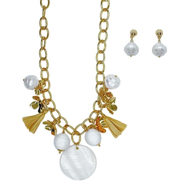 Gold-Tone Raffia Tassel Bead Pearl Necklace & Earring Set