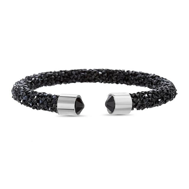 Brass Rhodium Plated Black Crystal Cuff Bracelet