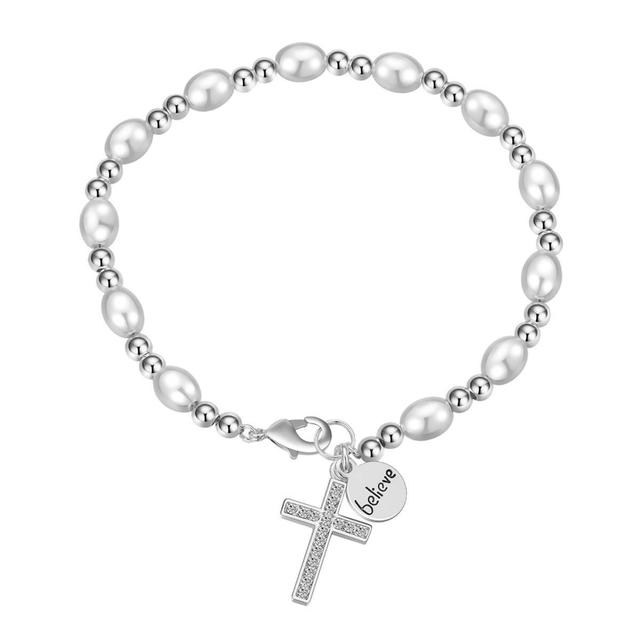Shine Fine Silver Plated Crystal & Pearl Cross Believe Bracelet