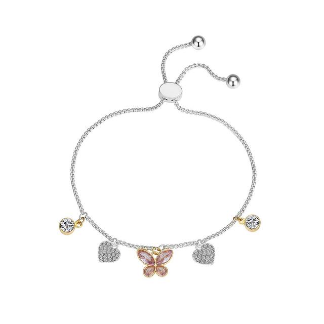 Shine Two-Tone CZ Butterfly & Crystal Heart Bolo Bracelet