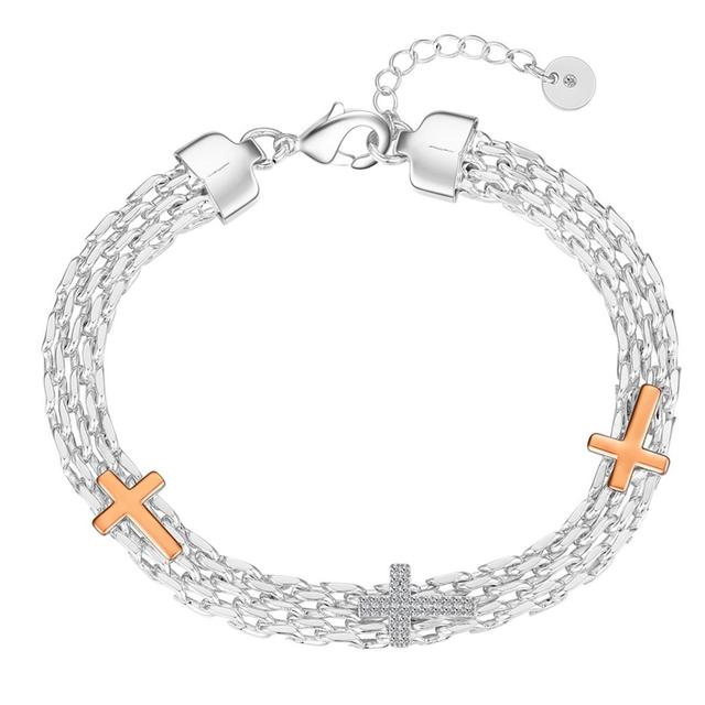 Shine 2-Tone CZ Triple Cross Mesh Multi-Strand Bracelet