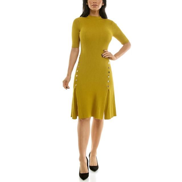 Womens Nina Leonard Elbow Sleeve Button Trim Ribbed Sweater Dress