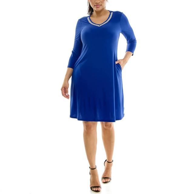Womens Nina Leonard 3/4 Sleeve V-Neck Rhinestone Trim Shift Dress