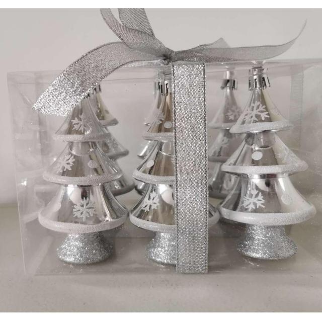 4in. Shatterproof Shiny Layered Silver Tree Ornaments - Set of 6