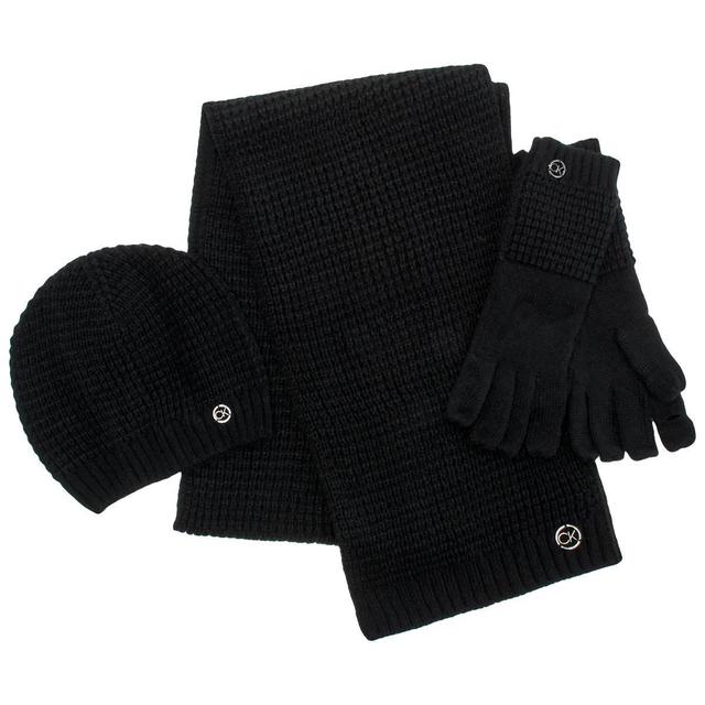 Womens Calvin Klein Waffle Knit 3pc Hat Scarf Gloves Set