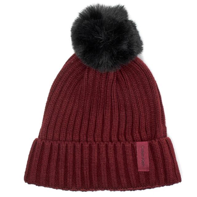Womens Calvin Klein Knit Ribbed Faux Fur Pom Pom Beanie
