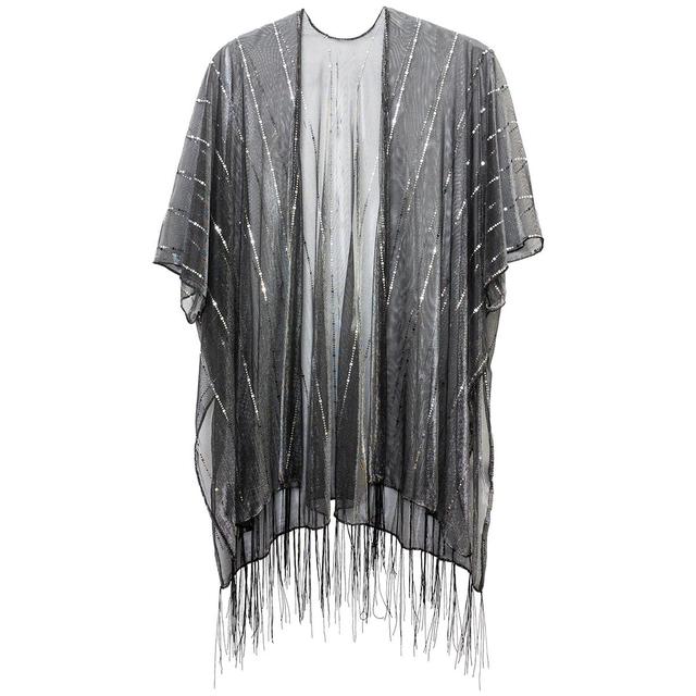 Womens Jessica McClintock Hologram Tie Front Fringe Kimono