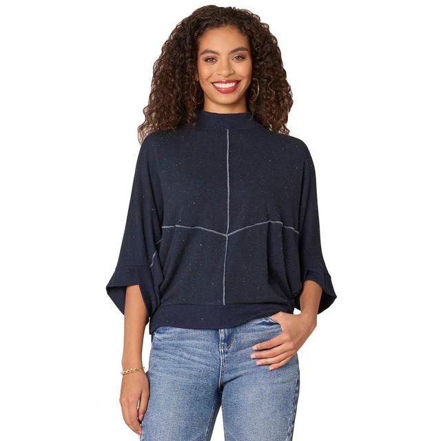 Womens Democracy Elbow Dolman Sleeve Mock Neck Speckled Blouse