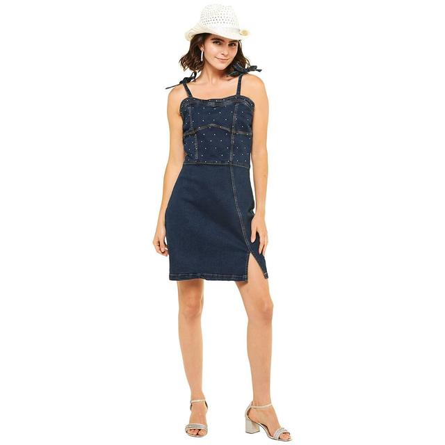 Womens Bebe Tie Strap Rhinestone Trim Sheath Denim Dress