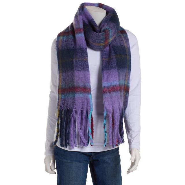 Womens Renshun Purple Plaid Blanket Scarf with Noodle Fringes