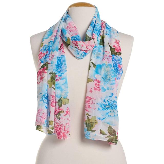 Womens Renshun Beautiful Floral Pearl Silky Oblong Scarf - White