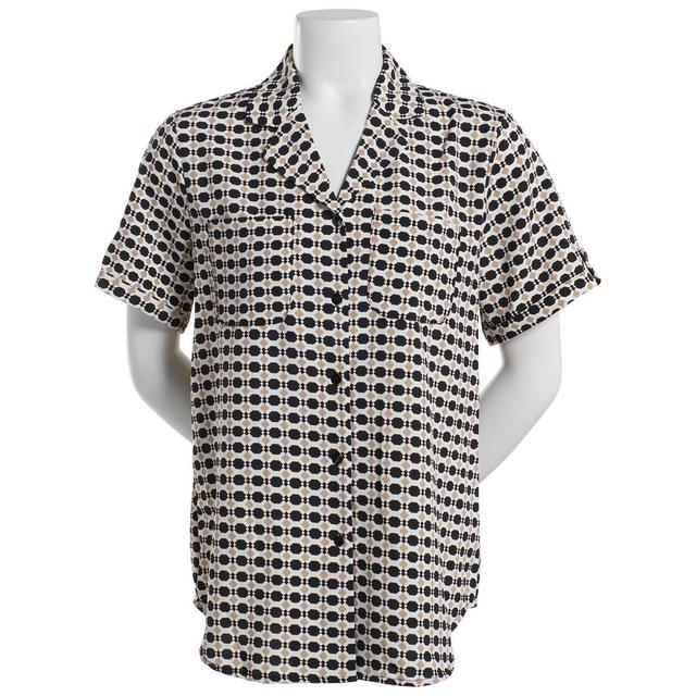 Womens Notations Short Sleeve Equipment Button Down Blouse