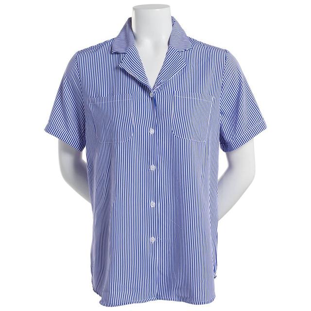 Womens Notations Short Sleeve Stripe Button Down Blouse