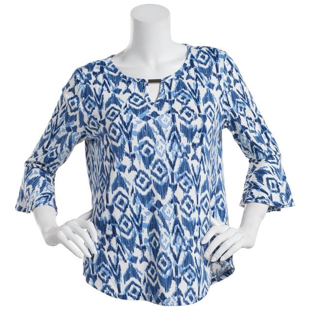 Womens Notations 3/4 Ruffle Sleeve Ikat Keyhole Blouse-Blue