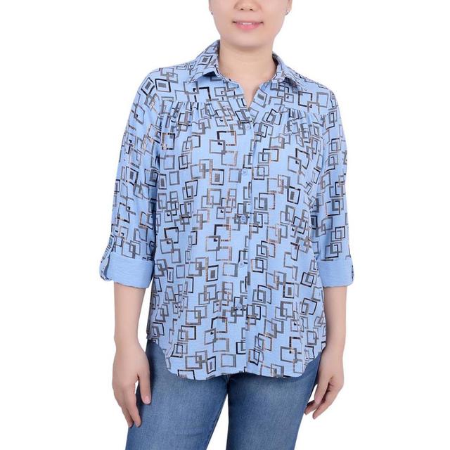 Womens NY Collection Elbow Sleeve Foil Geo Casual Button Down