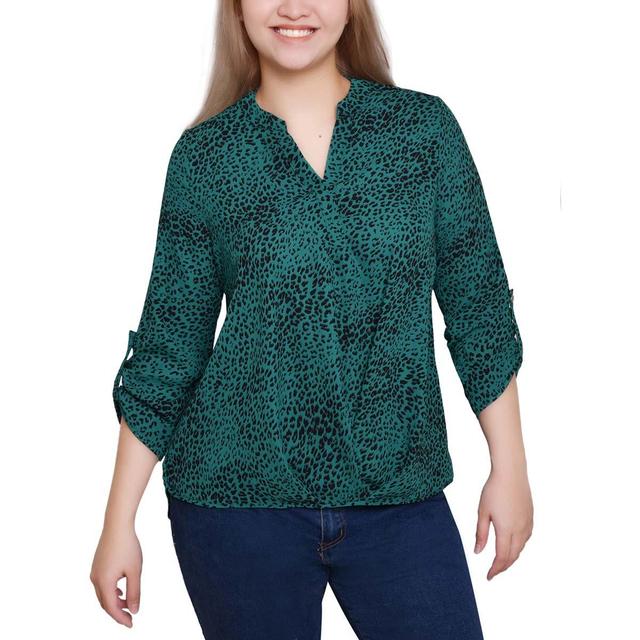 Womens NY Collection Roll Tab Sleeve Split Neck Leopard Blouse