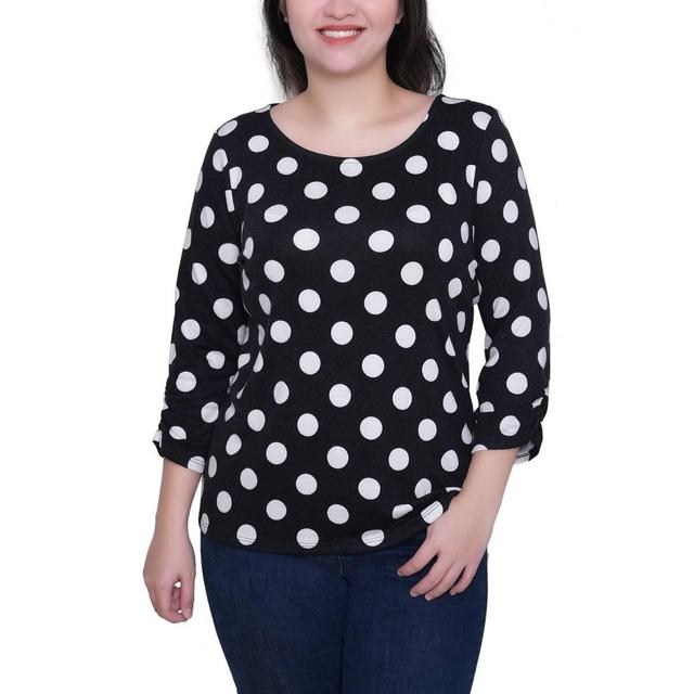 Womens NY Collection 3/4 Ruch Sleeve Round Neck Dot Blouse