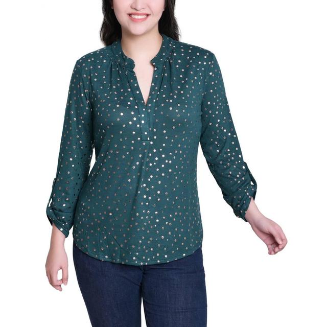 Womens NY Collection Roll Tab Sleeve Dot Split Neck Blouse