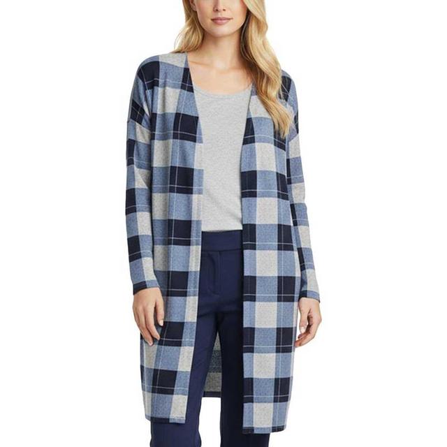 Petite NY Collection Long Sleeve Plaid Hacci Long Cardigan