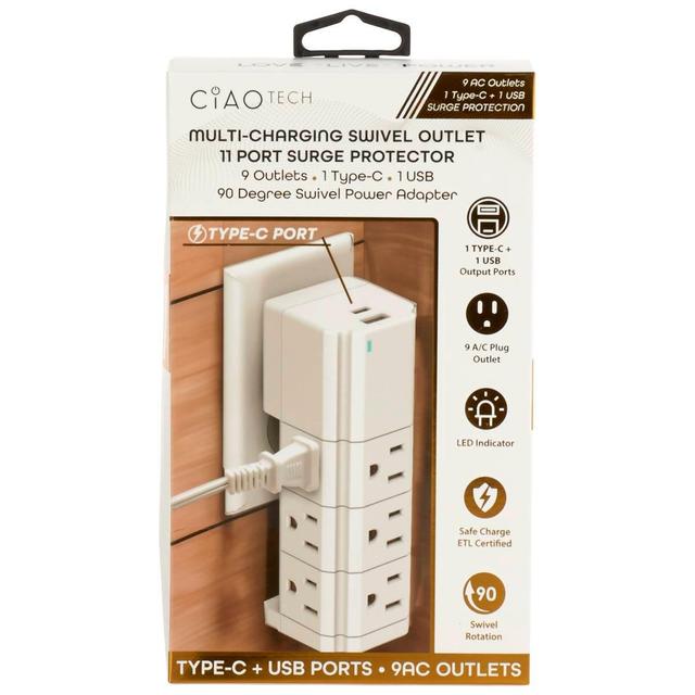 Ciao Tech 9 A/C Outlet Wall Charger with 1 USB & 1 Type C