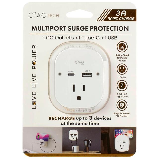 Ciao Tech Wall Charger with A/C, USB, & Type C Port