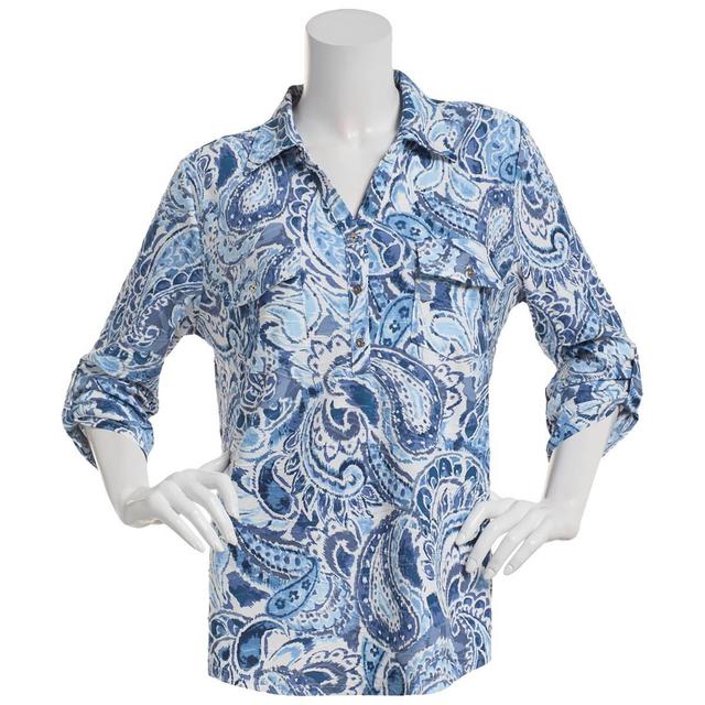 Womens Emily Daniels 3/4 Sleeve Paisley Jacquard 2-Pocket Blouse