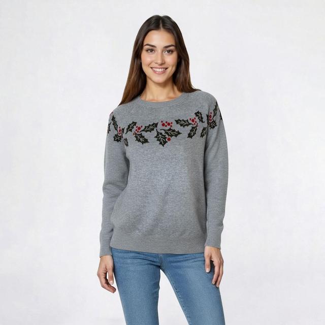 Petite Retrology Long Sleeve Crew Neck Holly Trim Sweater