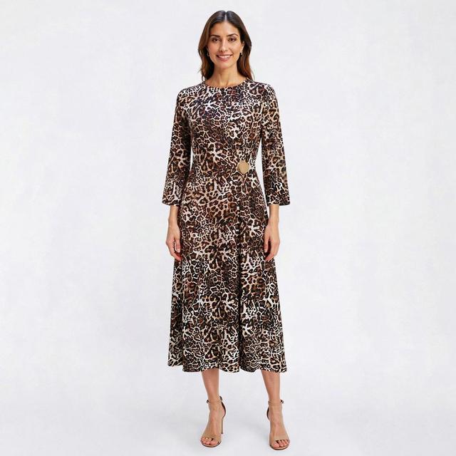 Womens Harlow & Rose 3/4 Sleeve Leopard A-Line Dress