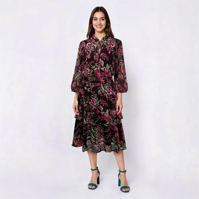 Womens Harlow & Rose 3/4 Sleeve Neck Tie Floral Fit & Flare Dress