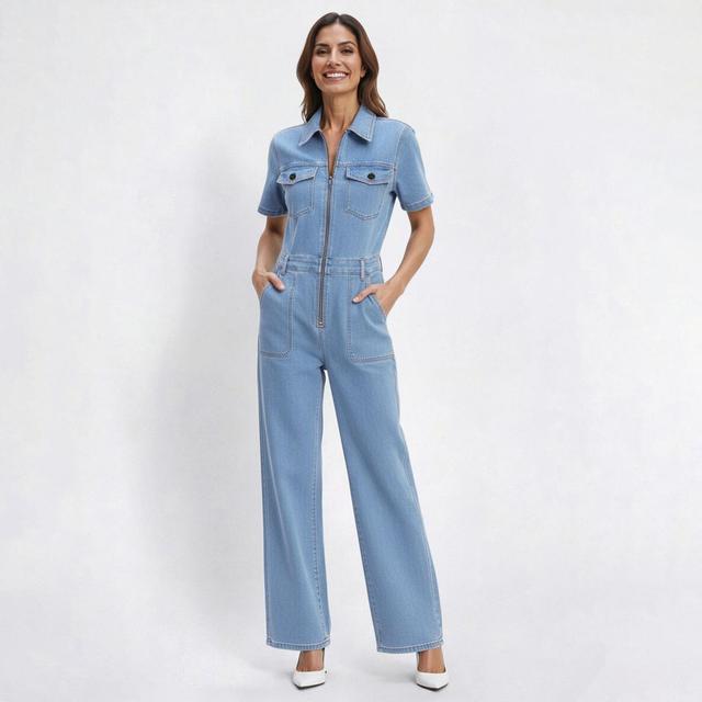 Womens Bebe Short Sleeve Zip Denim Jumpsuit