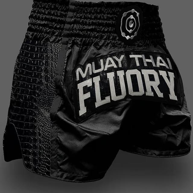 TEMU Muay Thai Shorts For Adults - " Fluory" Design, Black With White Accents, Non-stretch Polyester, Ideal For Boxing & , Hand Washable - Spring/summer Sports Events, Boxing Shorts